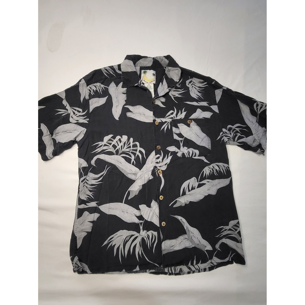 Banana Cabana Mens Black Grey Silk Tropical Palm Leaf Button Down Shirt FOB100 M